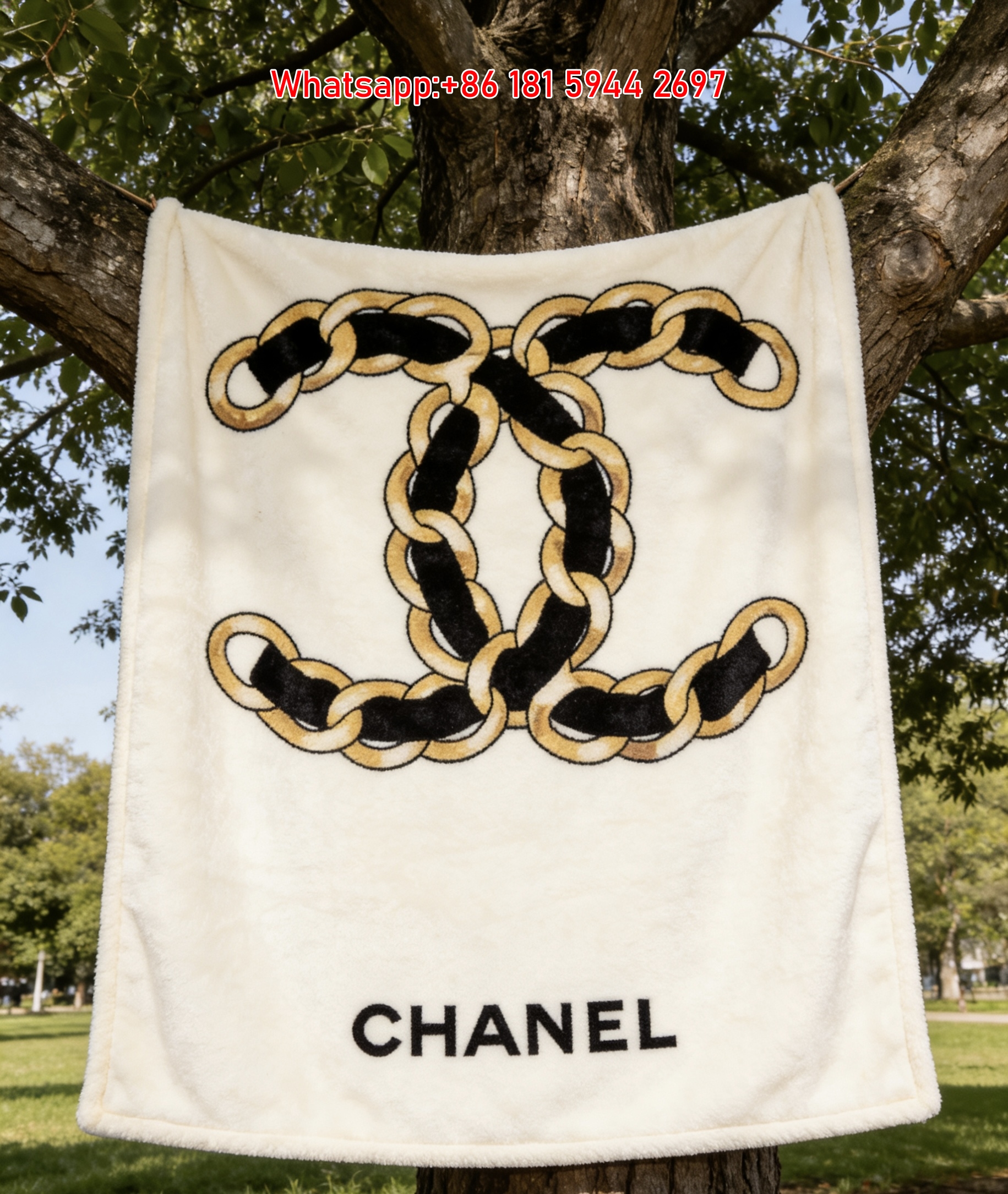 Chanel Gold Chain CC Logo Flannel Throw Blanket IMG_6669